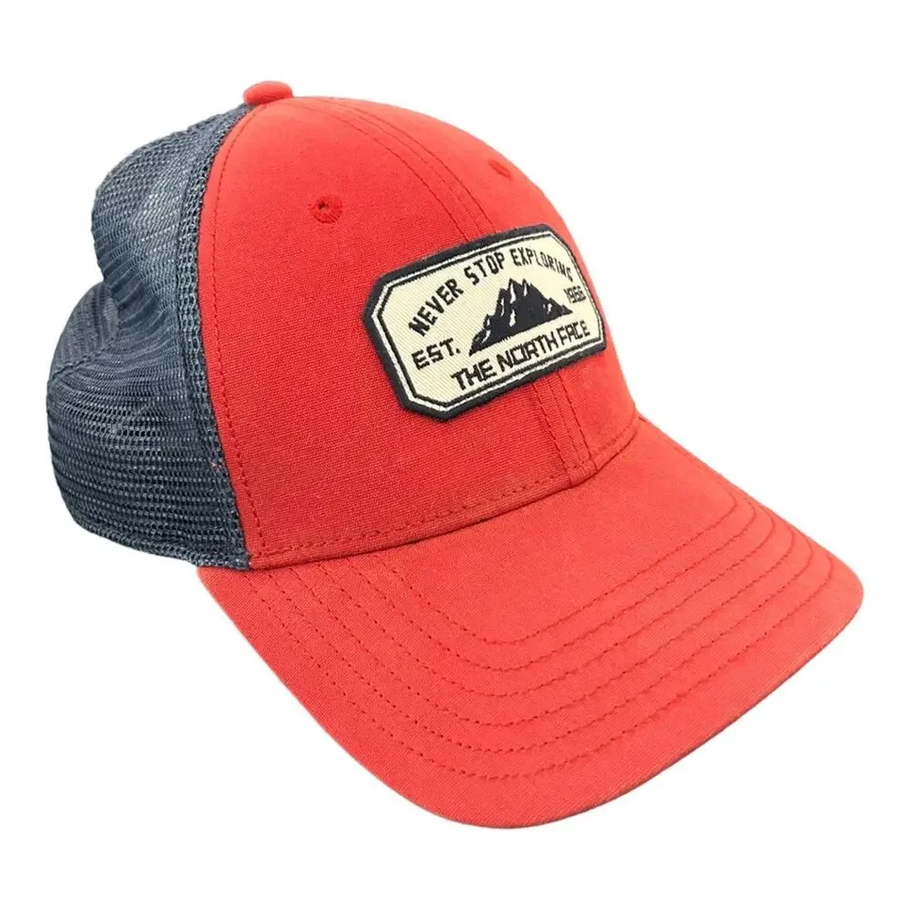 The North Face Patches Trucker Hat Never Stop Exploring Red Navy One Size